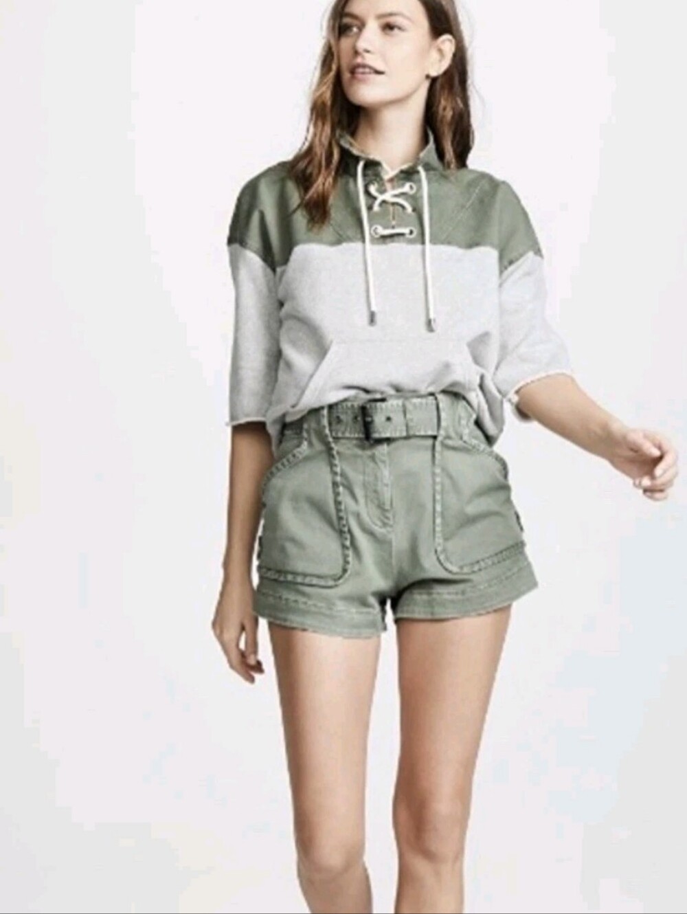 NWT DEREK LAM 10 CROSBY Monterey Belted Shorts In Fatique Olive Green Size 12